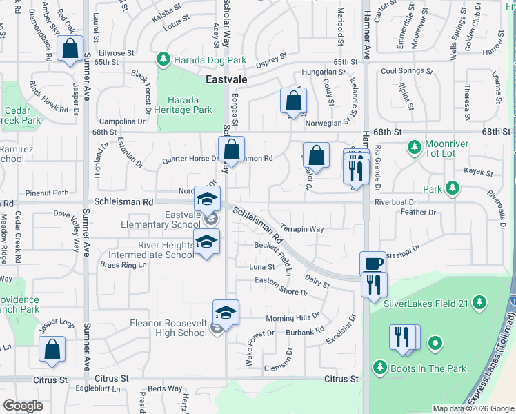 map of restaurants, bars, coffee shops, grocery stores, and more near 12938 Meridian Street in Eastvale