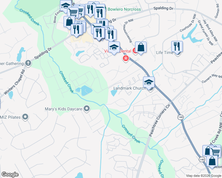 map of restaurants, bars, coffee shops, grocery stores, and more near Park Lake Lane in Norcross