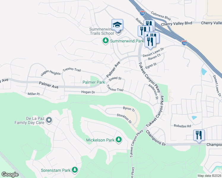 map of restaurants, bars, coffee shops, grocery stores, and more near 35401 Trevino Trail in Beaumont