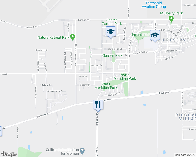 map of restaurants, bars, coffee shops, grocery stores, and more near 16140 Freshwater Lane in Chino