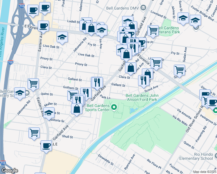 map of restaurants, bars, coffee shops, grocery stores, and more near 7835 Gilliland Avenue in Bell Gardens