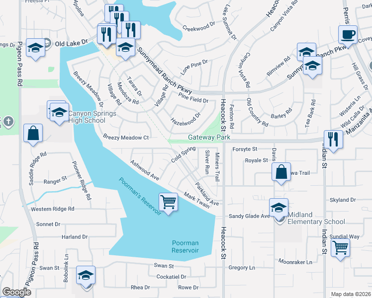 map of restaurants, bars, coffee shops, grocery stores, and more near 23766 Parkland Avenue in Moreno Valley