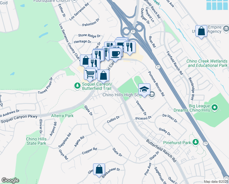 map of restaurants, bars, coffee shops, grocery stores, and more near 16103 Saggio Lane in Chino Hills