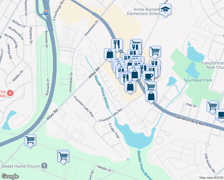 map of restaurants, bars, coffee shops, grocery stores, and more near 47 Castle Cary Court in Columbia