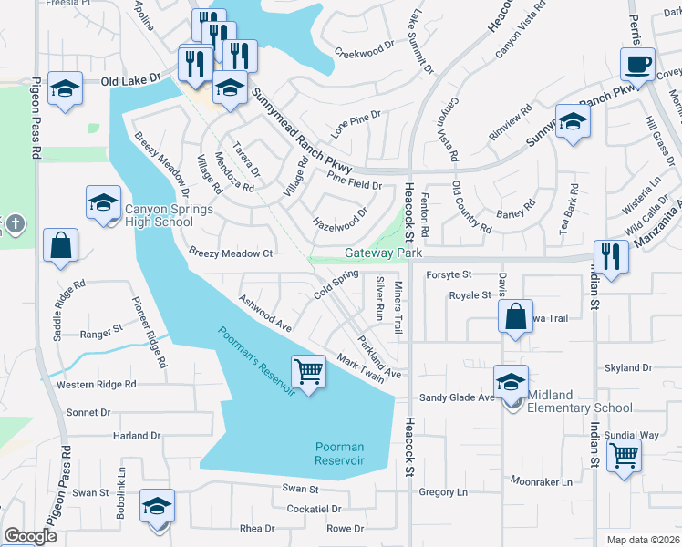 map of restaurants, bars, coffee shops, grocery stores, and more near 11060 Le Grand Lane in Moreno Valley