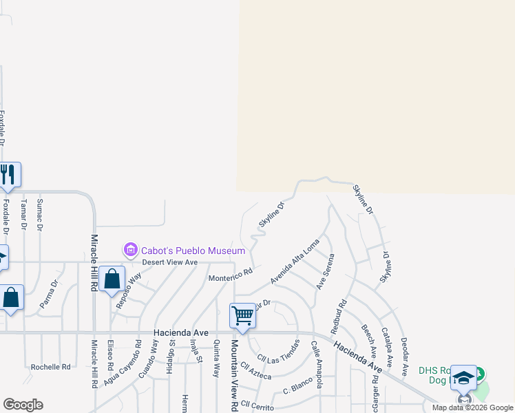map of restaurants, bars, coffee shops, grocery stores, and more near 12182 Skyline Drive in Desert Hot Springs