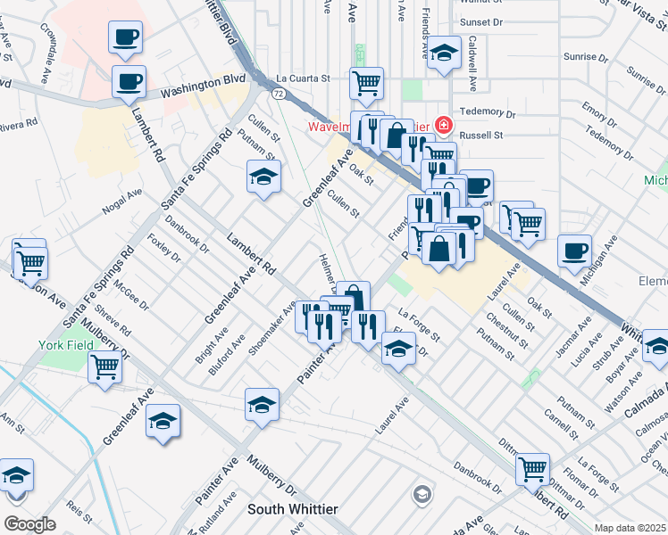 map of restaurants, bars, coffee shops, grocery stores, and more near 13245 Helmer Drive in Whittier