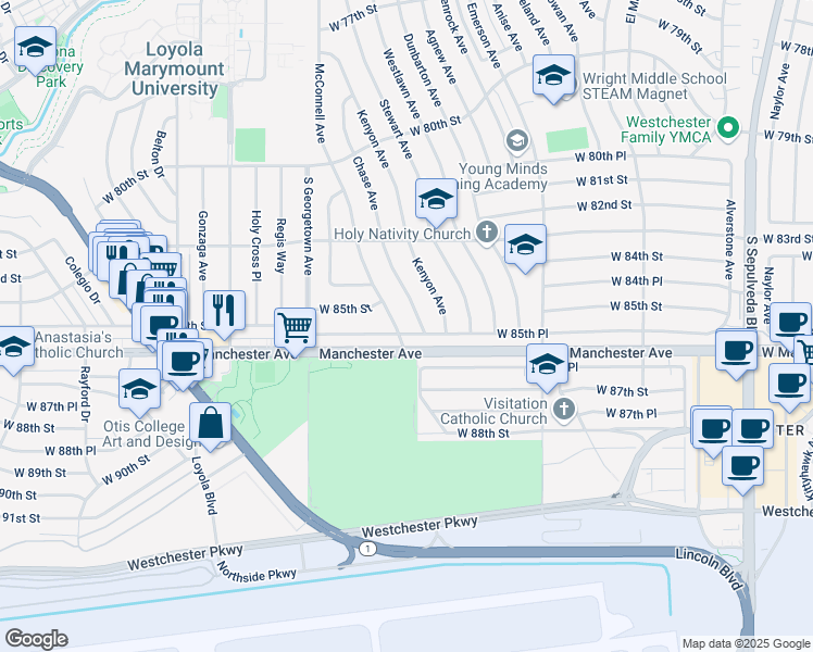 map of restaurants, bars, coffee shops, grocery stores, and more near 8536 McConnell Avenue in Los Angeles