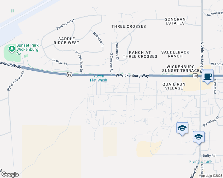 map of restaurants, bars, coffee shops, grocery stores, and more near 116 Peachtree Drive in Wickenburg