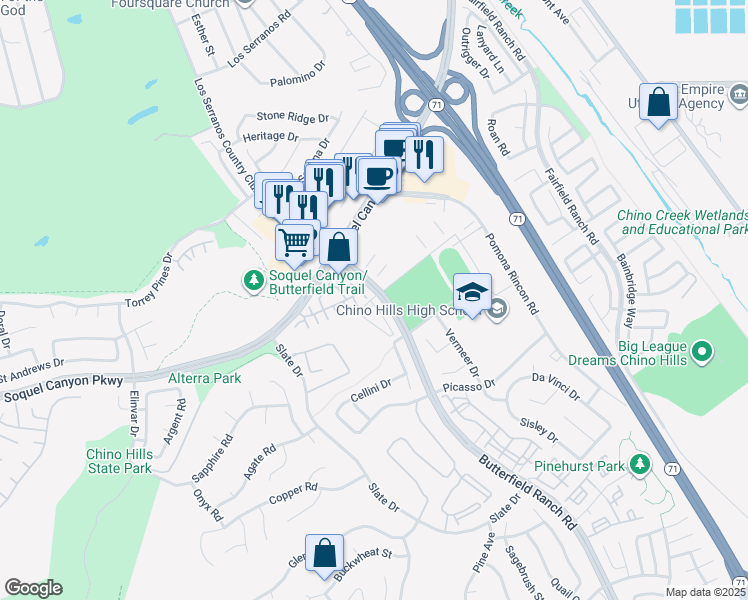 map of restaurants, bars, coffee shops, grocery stores, and more near 16103 Saggio Lane in Chino Hills