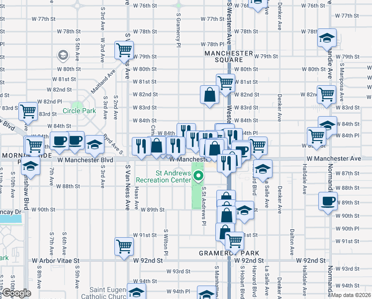 map of restaurants, bars, coffee shops, grocery stores, and more near 1946 West 85th Street in Los Angeles