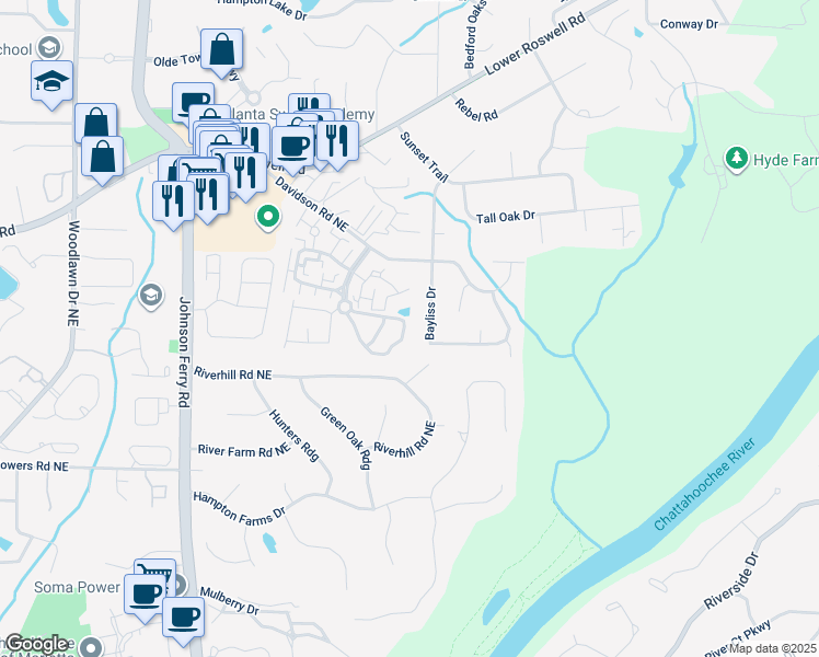 map of restaurants, bars, coffee shops, grocery stores, and more near 5053 Gardenia Circle in Marietta