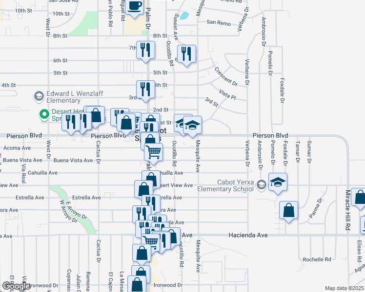 map of restaurants, bars, coffee shops, grocery stores, and more near Acoma Avenue in Desert Hot Springs
