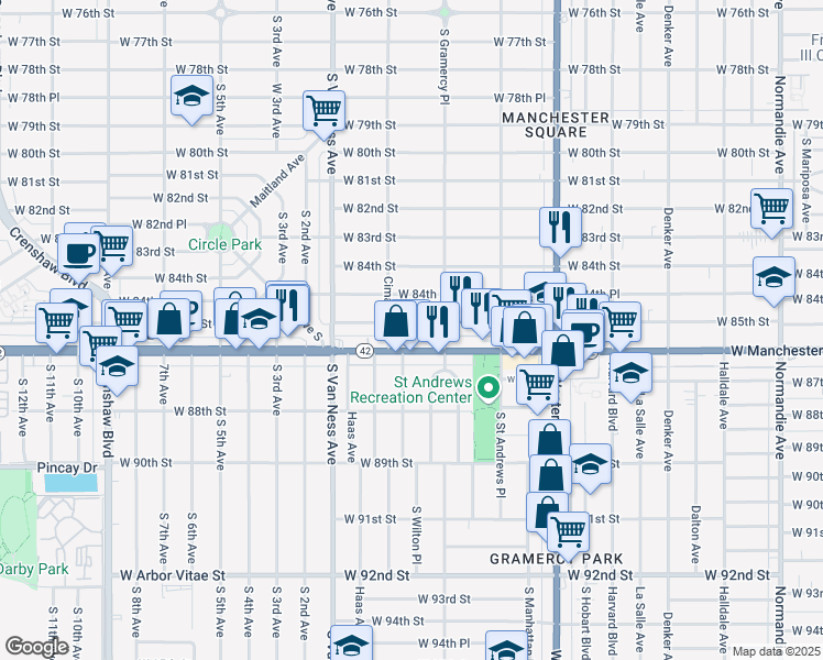 map of restaurants, bars, coffee shops, grocery stores, and more near 2036 West 85th Street in Los Angeles