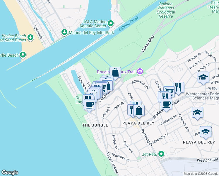 map of restaurants, bars, coffee shops, grocery stores, and more near 380 Pershing Drive in Los Angeles