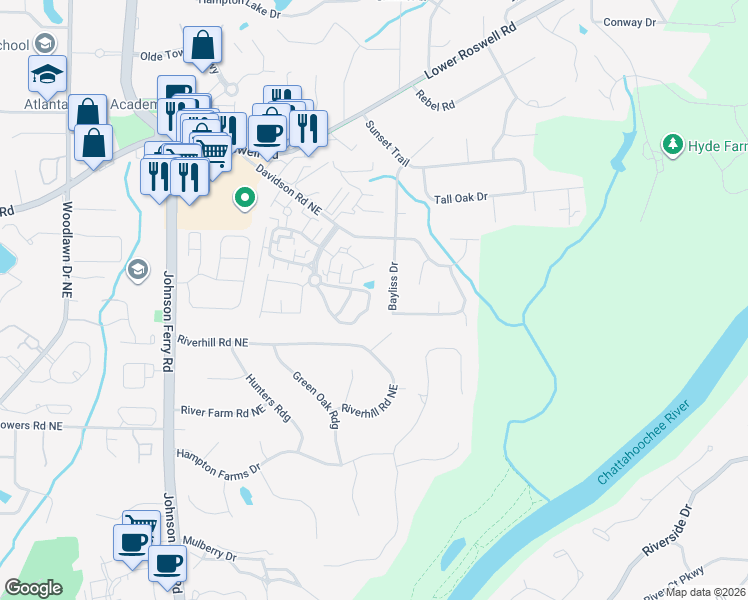 map of restaurants, bars, coffee shops, grocery stores, and more near 5028 Gardenia Circle in Marietta