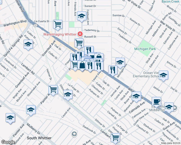 map of restaurants, bars, coffee shops, grocery stores, and more near 13550 Whittier Boulevard in Whittier