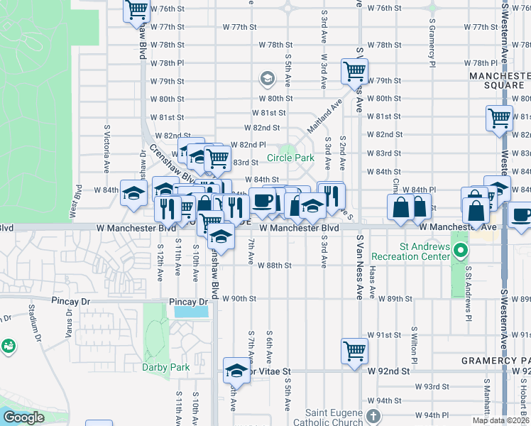 map of restaurants, bars, coffee shops, grocery stores, and more near 2804 West 85th Street in Inglewood