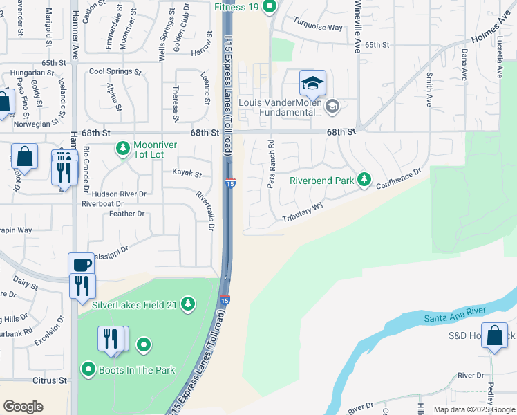 map of restaurants, bars, coffee shops, grocery stores, and more near 12143 Backwater Way in Jurupa Valley