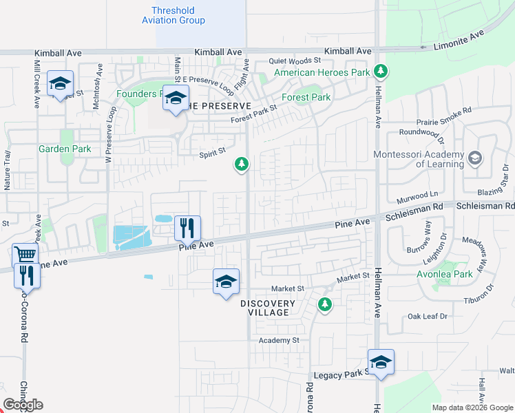 map of restaurants, bars, coffee shops, grocery stores, and more near 16115 East Preserve Loop in Chino