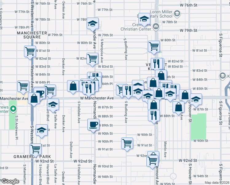 map of restaurants, bars, coffee shops, grocery stores, and more near 8504 South Raymond Avenue in Los Angeles