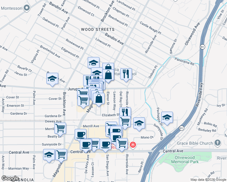 map of restaurants, bars, coffee shops, grocery stores, and more near 6045 Lawson Way in Riverside