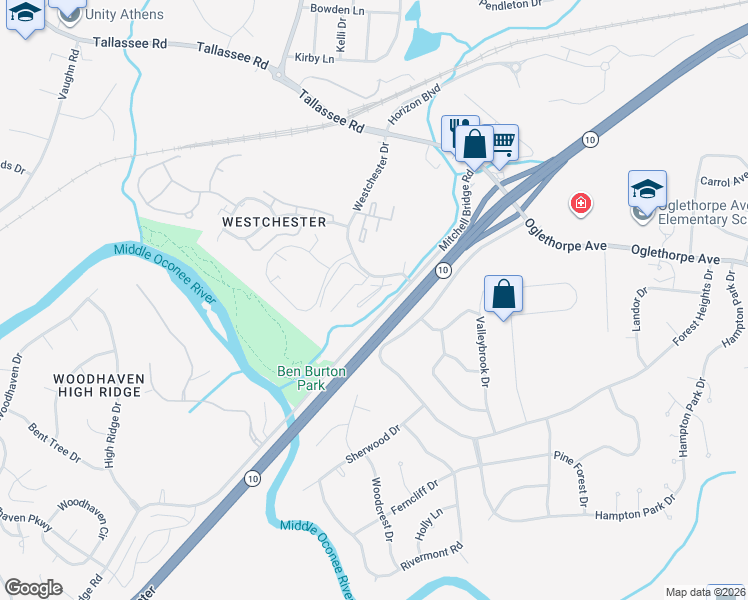 map of restaurants, bars, coffee shops, grocery stores, and more near 105 Westchester Drive in Athens