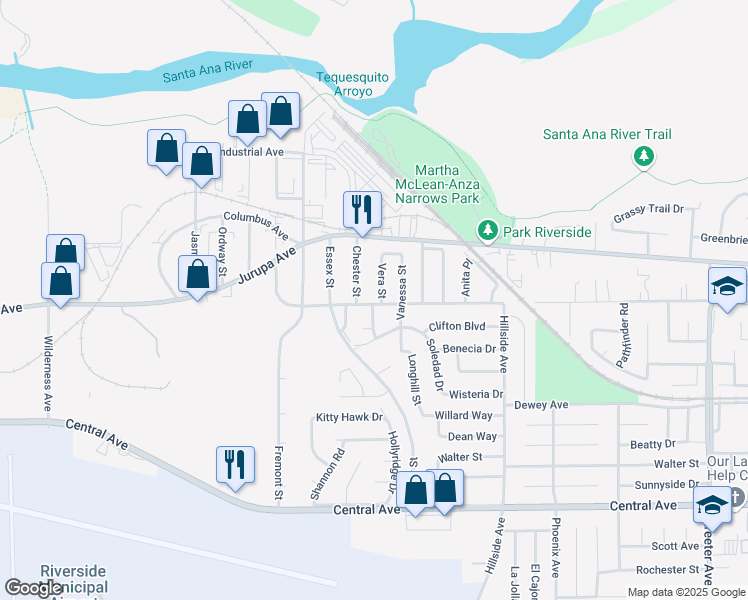 map of restaurants, bars, coffee shops, grocery stores, and more near 6093 Vera Street in Riverside
