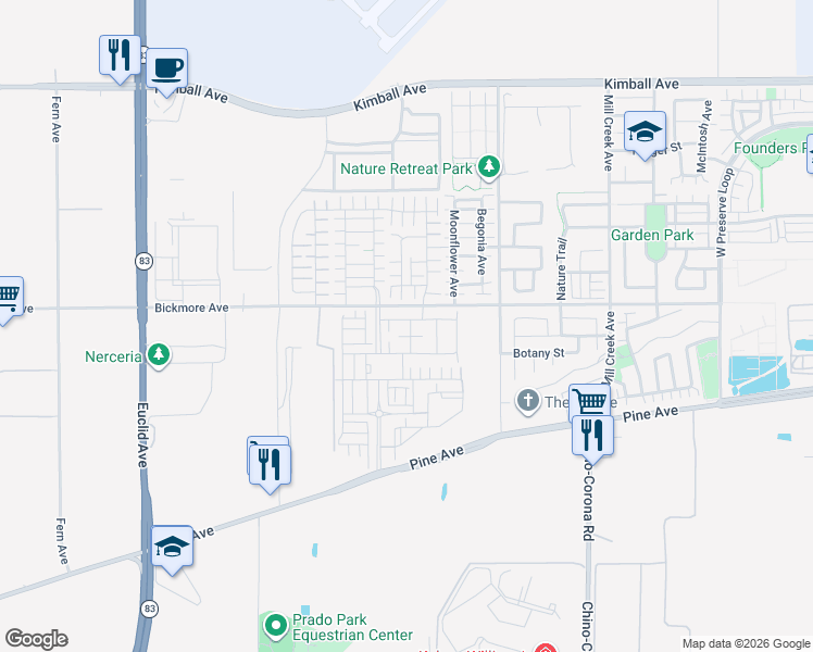 map of restaurants, bars, coffee shops, grocery stores, and more near 7496 Botany Street in Chino
