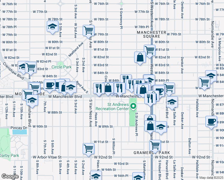 map of restaurants, bars, coffee shops, grocery stores, and more near 2036 West 85th Street in Los Angeles