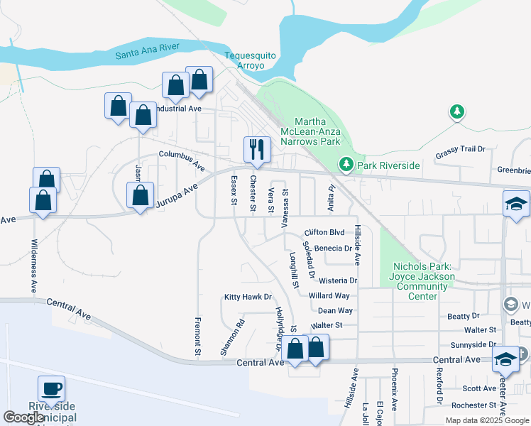 map of restaurants, bars, coffee shops, grocery stores, and more near 6093 Vera Street in Riverside