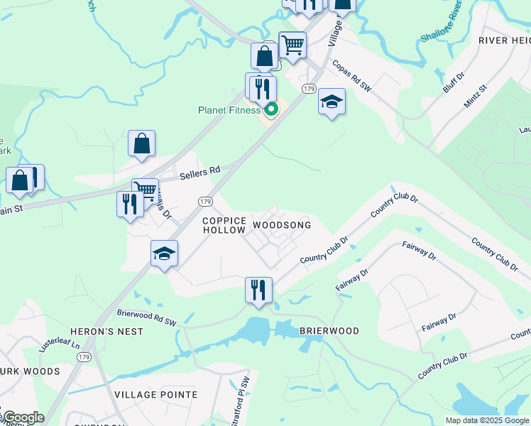 map of restaurants, bars, coffee shops, grocery stores, and more near 520 Sylvan Street in Shallotte