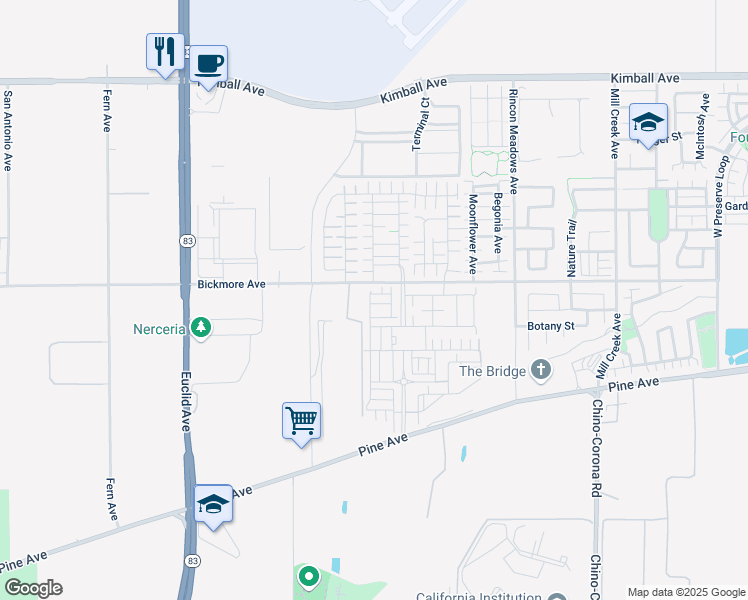 map of restaurants, bars, coffee shops, grocery stores, and more near 16135 Sandpiper Avenue in Chino