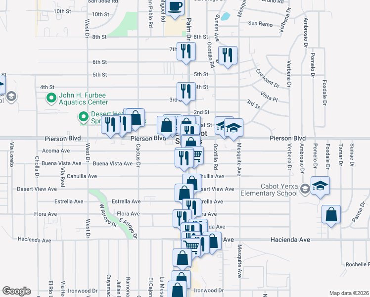 map of restaurants, bars, coffee shops, grocery stores, and more near 65806 Avenida Cadena in Desert Hot Springs