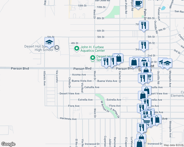 map of restaurants, bars, coffee shops, grocery stores, and more near 65940 Buena Vista Avenue in Desert Hot Springs