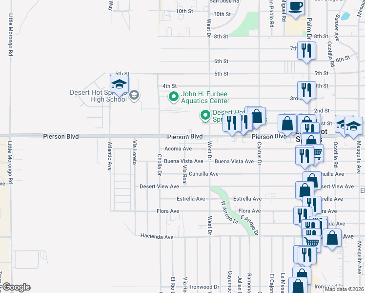 map of restaurants, bars, coffee shops, grocery stores, and more near 65860 Buena Vista Avenue in Desert Hot Springs