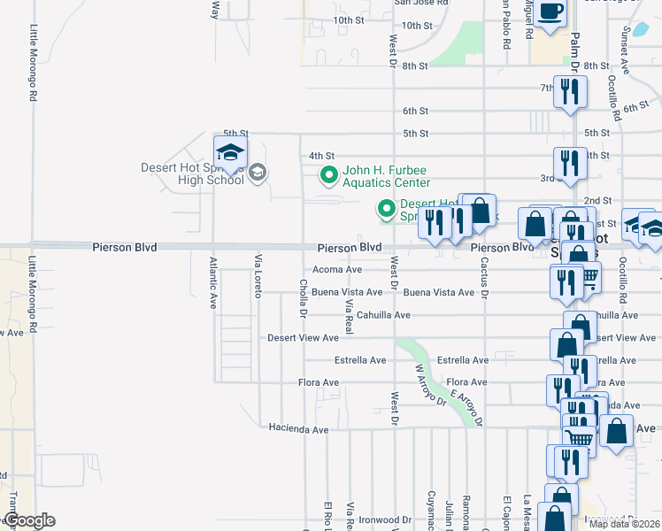 map of restaurants, bars, coffee shops, grocery stores, and more near 65860 Buena Vista Avenue in Desert Hot Springs