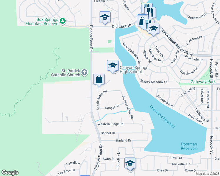 map of restaurants, bars, coffee shops, grocery stores, and more near 11120 Saddle Ridge Road in Moreno Valley