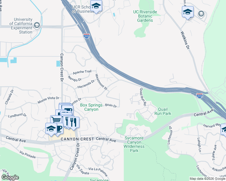 map of restaurants, bars, coffee shops, grocery stores, and more near 545 Athens Street in Riverside