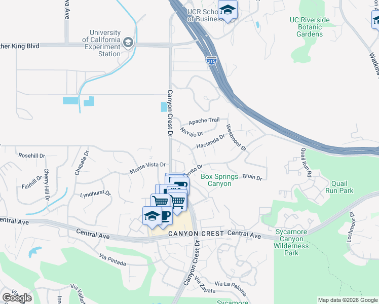 map of restaurants, bars, coffee shops, grocery stores, and more near 8 Crest Park Circle in Riverside