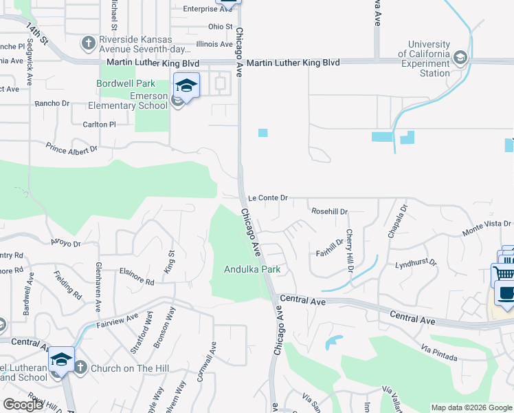 map of restaurants, bars, coffee shops, grocery stores, and more near 5045 Monachello Lane in Riverside