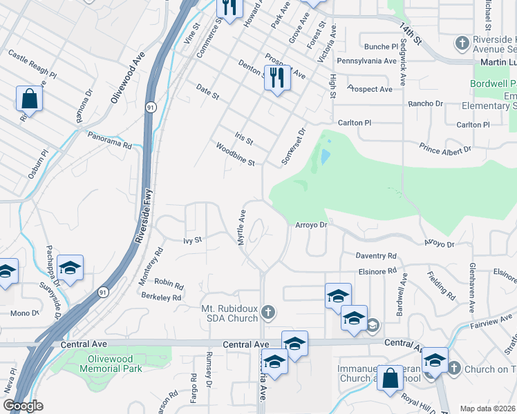 map of restaurants, bars, coffee shops, grocery stores, and more near in Riverside