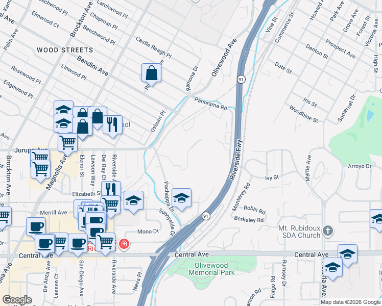 map of restaurants, bars, coffee shops, grocery stores, and more near 3240 Pachappa Hill in Riverside