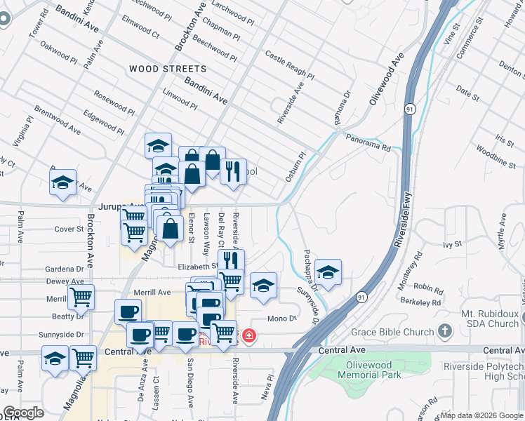 map of restaurants, bars, coffee shops, grocery stores, and more near 6030 Hamilton Drive in Riverside