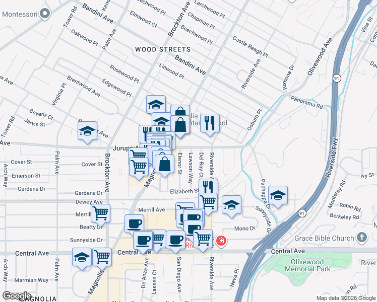 map of restaurants, bars, coffee shops, grocery stores, and more near 6045 Lawson Way in Riverside
