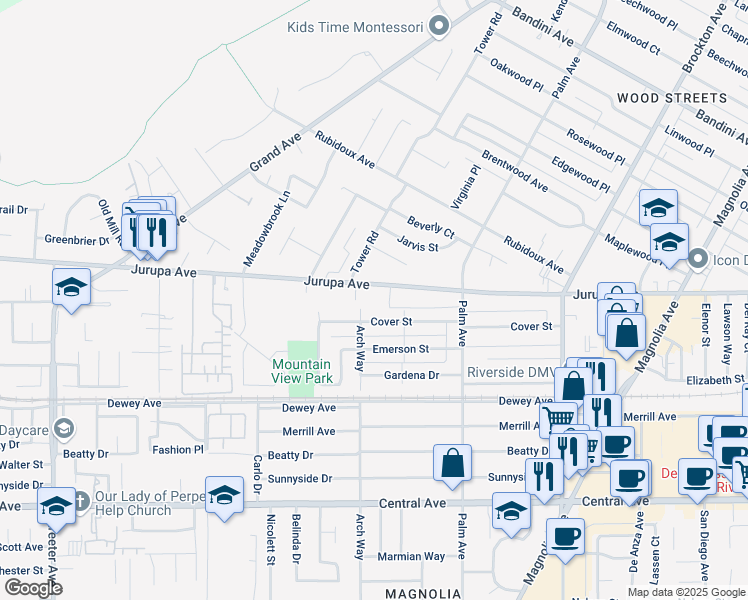 map of restaurants, bars, coffee shops, grocery stores, and more near 4681 Cover Street in Riverside