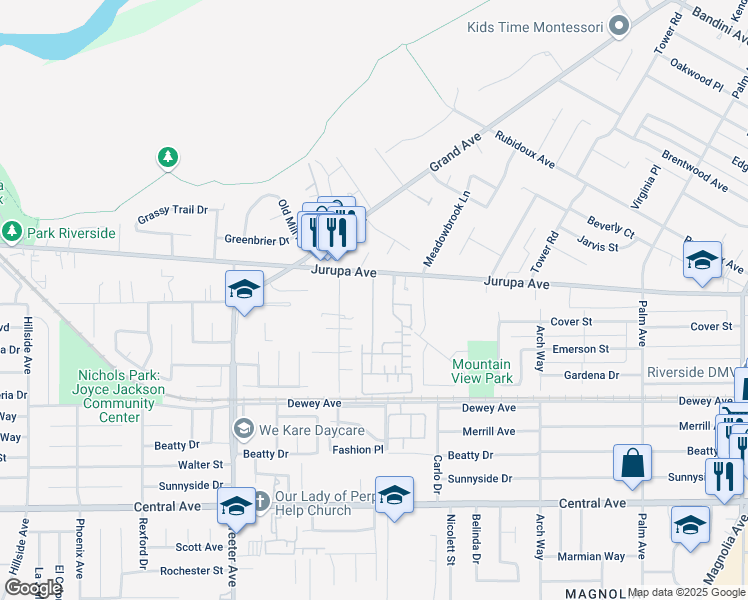 map of restaurants, bars, coffee shops, grocery stores, and more near 6104 Correll Street in Riverside