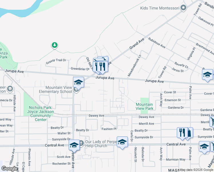 map of restaurants, bars, coffee shops, grocery stores, and more near 6142 Stearns Street in Riverside