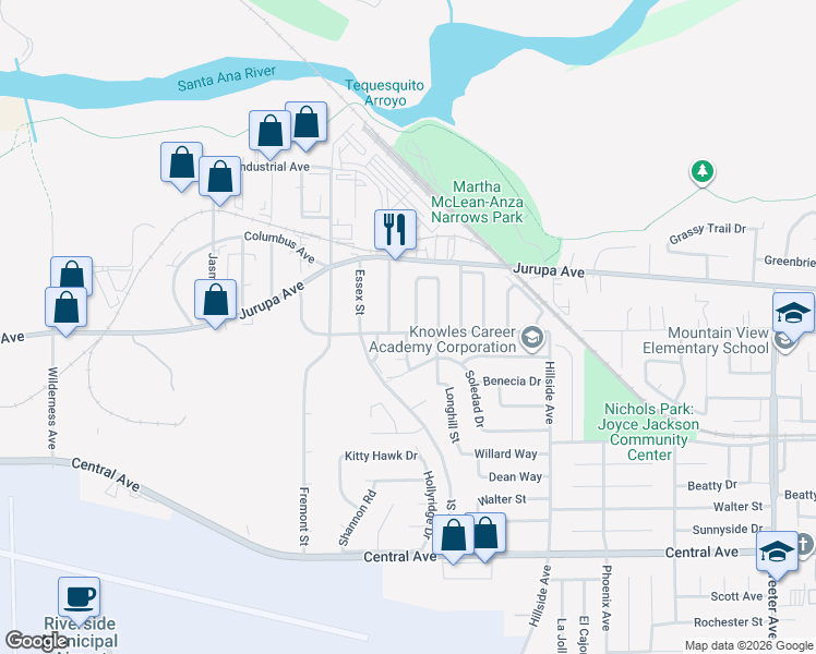 map of restaurants, bars, coffee shops, grocery stores, and more near 6123 Vera Street in Riverside