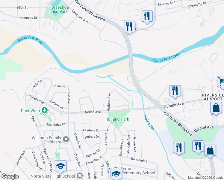 map of restaurants, bars, coffee shops, grocery stores, and more near 8992 Rossini Court in Riverside